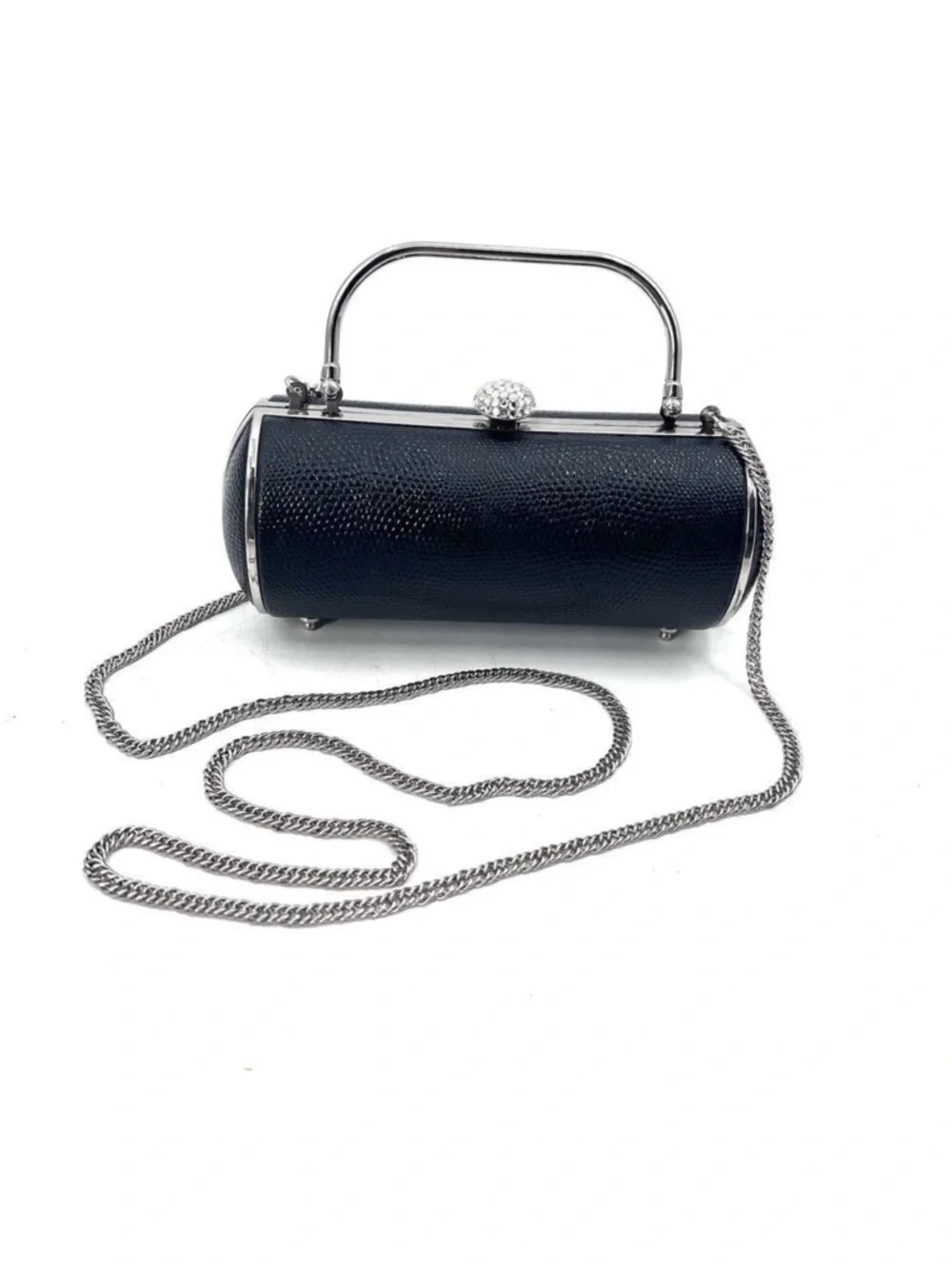 Black & Silver Cylinder Shaped Convertible Clutch Crossbody Small Evening Bag